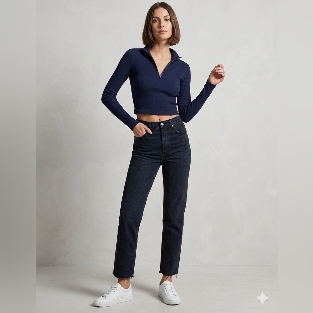 Garage Navy Blue‎ Ribbed Quarter-Zip Cropped Pullover - Size Small